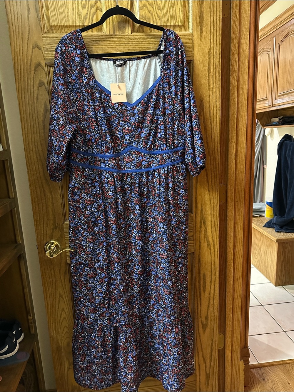 BloomChic Blue Floral Maxi Dress with Red Accents